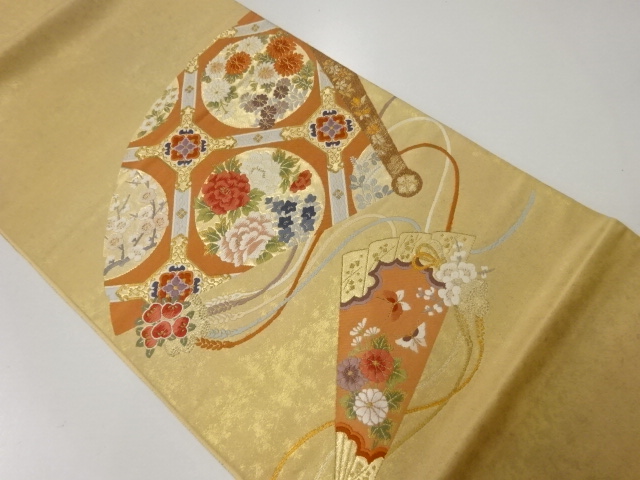 リサイクル　檜扇に花模様織出し袋帯